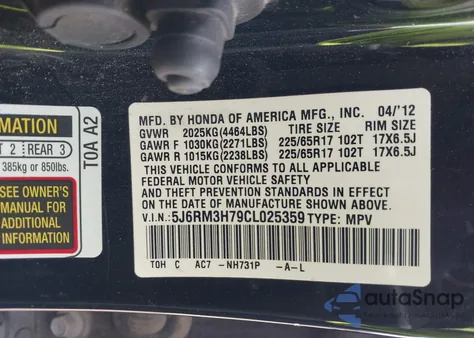 2012 Honda Cr-V Ex-L from USA, damaged, VIN 5J6RM3H79CL025359